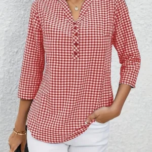 Women Shirt – Plaid, Plus Size | V-Neck, Stretch Fit | Comfortable Daily Wear
